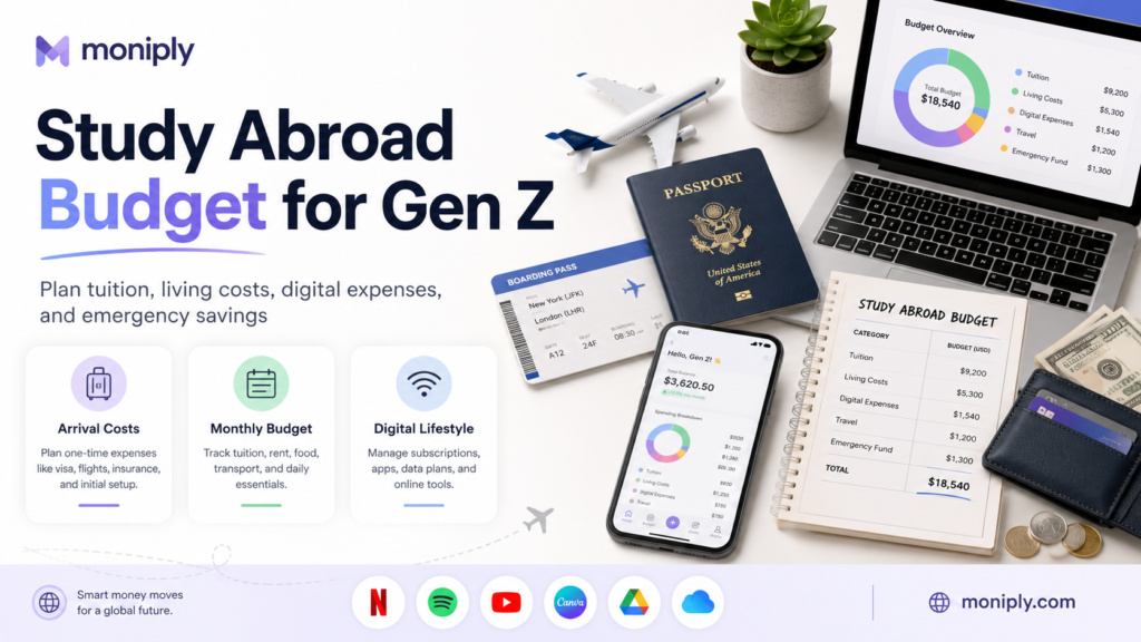 Study abroad budget planning guide for Gen Z students showing tuition, arrival costs, monthly living expenses, digital lifestyle spending, emergency savings, a laptop, smartphone, passport and travel essentials.