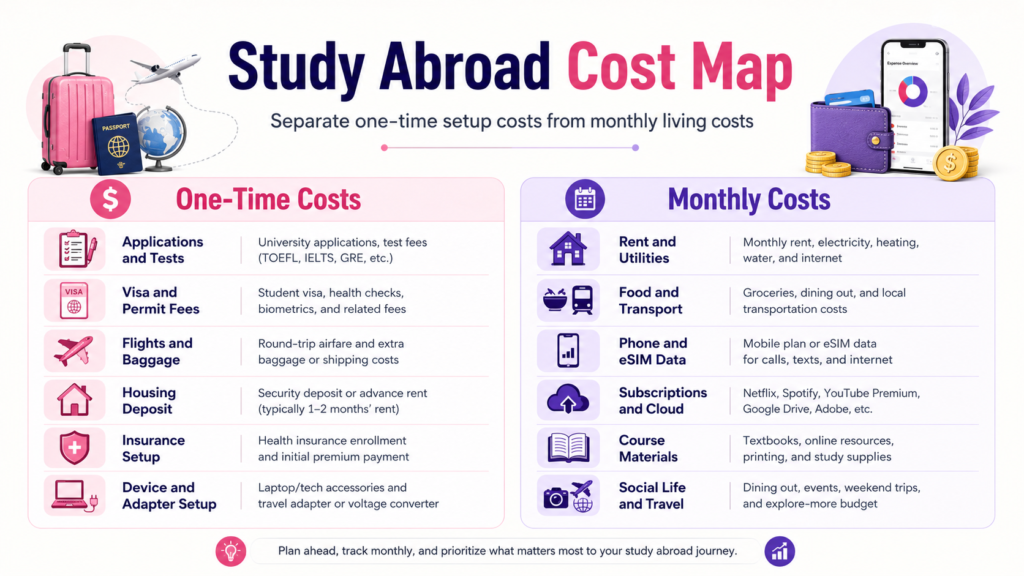 Study abroad cost breakdown comparing one-time expenses such as applications, visa fees, flights and housing deposits with recurring costs including rent, food, transport, insurance and digital services.