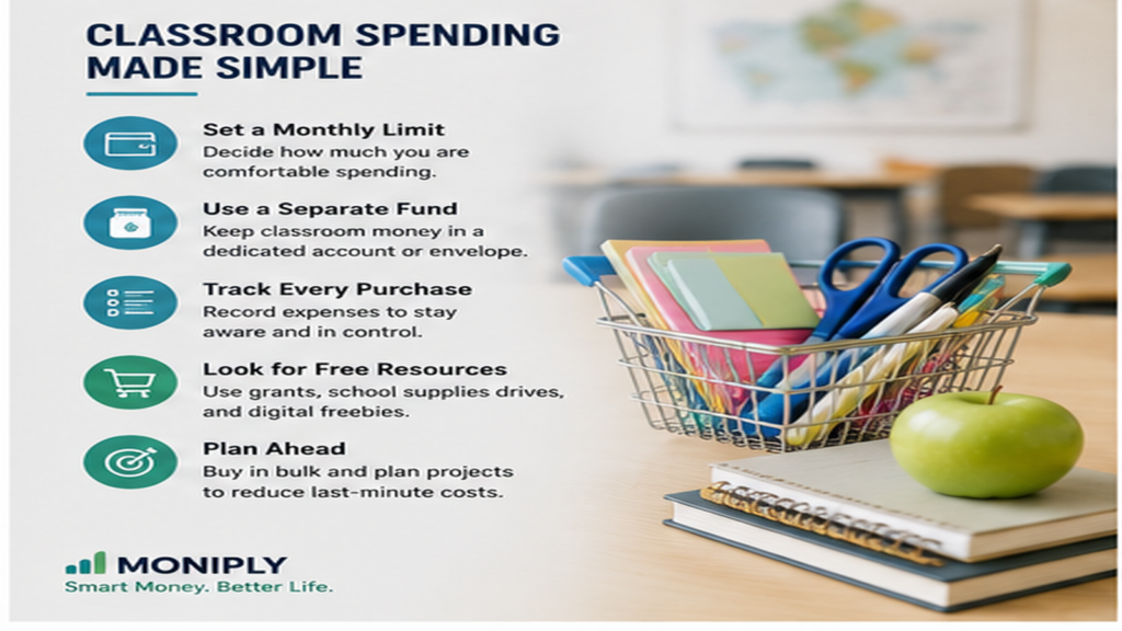 : Professional classroom spending system graphic showing teacher supply budget, receipt tracking and reimbursement organization for school-related expenses.