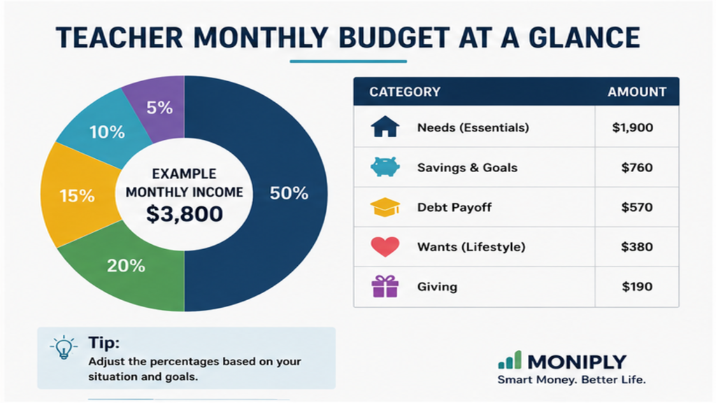 Professional teacher monthly budget dashboard graphic showing one monthly paycheck divided into essential bills, food and commute, classroom costs, savings buffers and flexible spending categories.