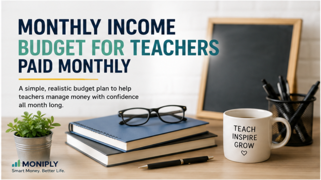 teacher-monthly-income-budget-hero-professional Professional Moniply blog image for monthly income budget for teachers, showing a clean budget dashboard, paycheck planning, classroom costs, savings jar, calendar and education-themed workspace elements.