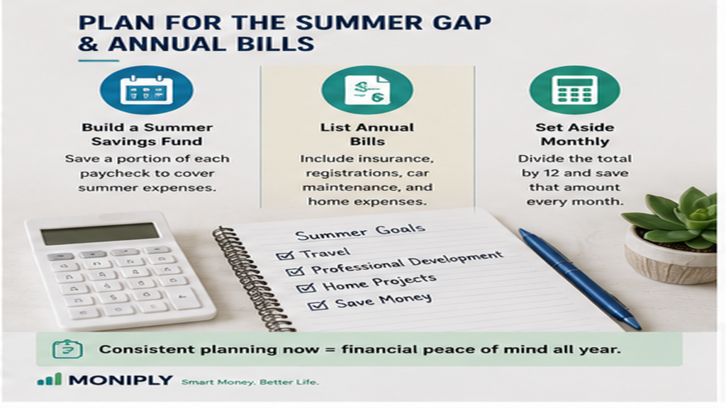 Professional summer gap and annual bills planning graphic for teachers, showing pay schedule, summer buffer, annual bill sinking fund and back-to-school cost planning.