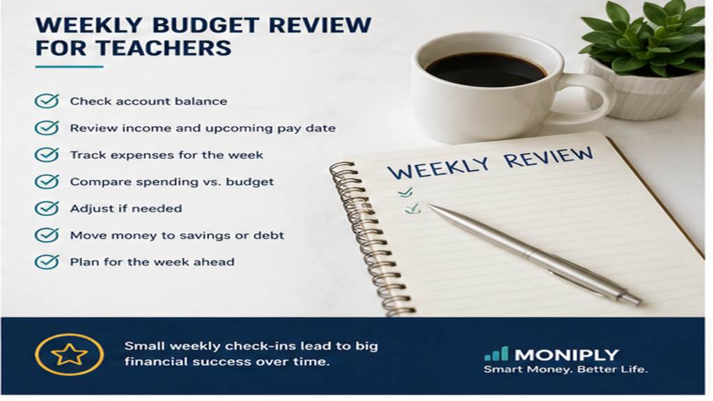 Professional weekly teacher budget review graphic showing checklist items for paycheck balance, school costs, food and commute, savings transfers and next week adjustments.