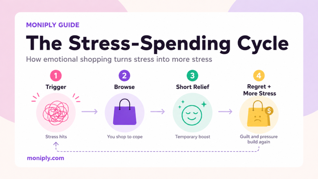 Stress-spending cycle infographic showing four stages: emotional trigger, browsing, short-term relief and regret that creates more financial stress.