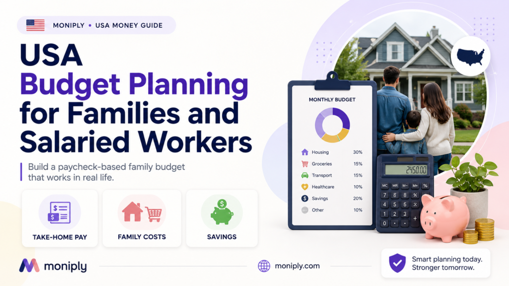 USA budget planning guide for families and salaried workers showing a monthly budget clipboard, calculator, piggy bank, family home photo, and key budgeting areas including take-home pay, family costs, and savings.