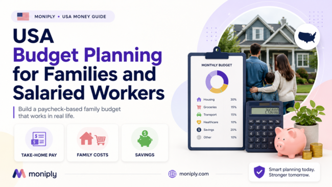 usa_budget_planning_for_families USA budget planning guide for families and salaried workers showing a monthly budget clipboard, calculator, piggy bank, family home photo, and key budgeting areas including take-home pay, family costs, and savings.